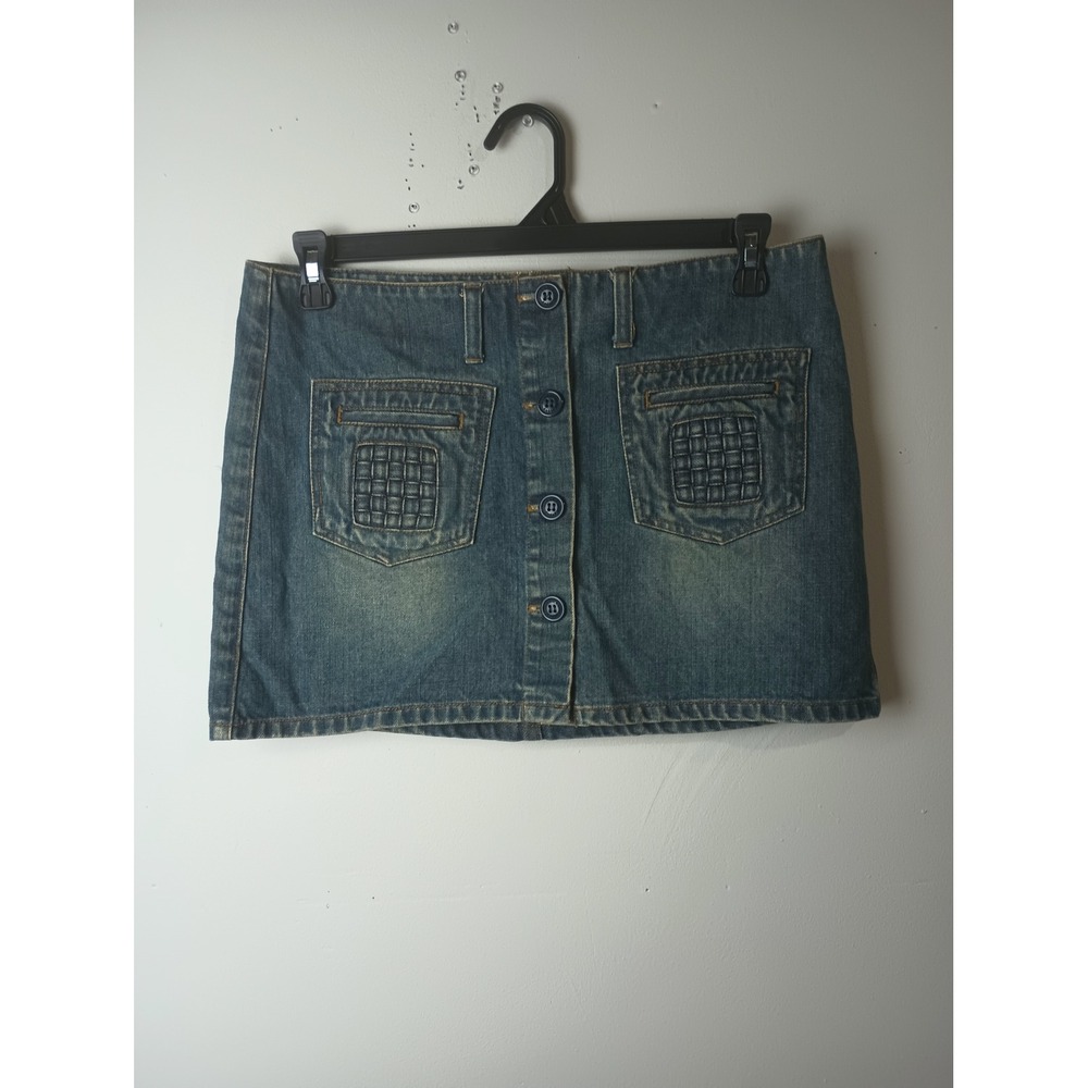 Vintage American Eagle Y2K Denim Micro Mini Skirt Blue Button Front Size 8